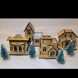 4- Mini Wood Houses 4 Mini Trees CUTE SMALL Lazer Cut Christmas Plants Display
